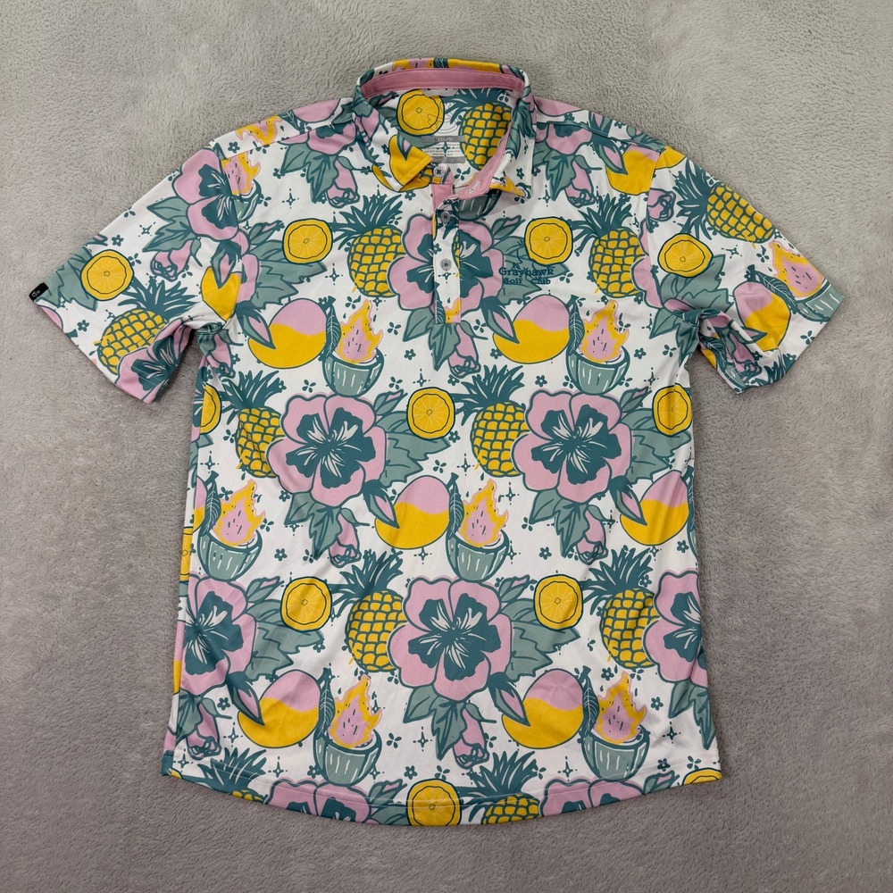 Swannies Mens Medium Polo Shirt Grayhawk Golf Club White Tropical Fruit Floral
